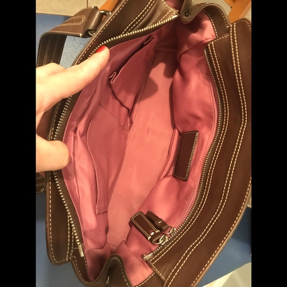 Coach brown with white stitching pebble leather turnlock/zip closure satchel - Picture 10 of 17